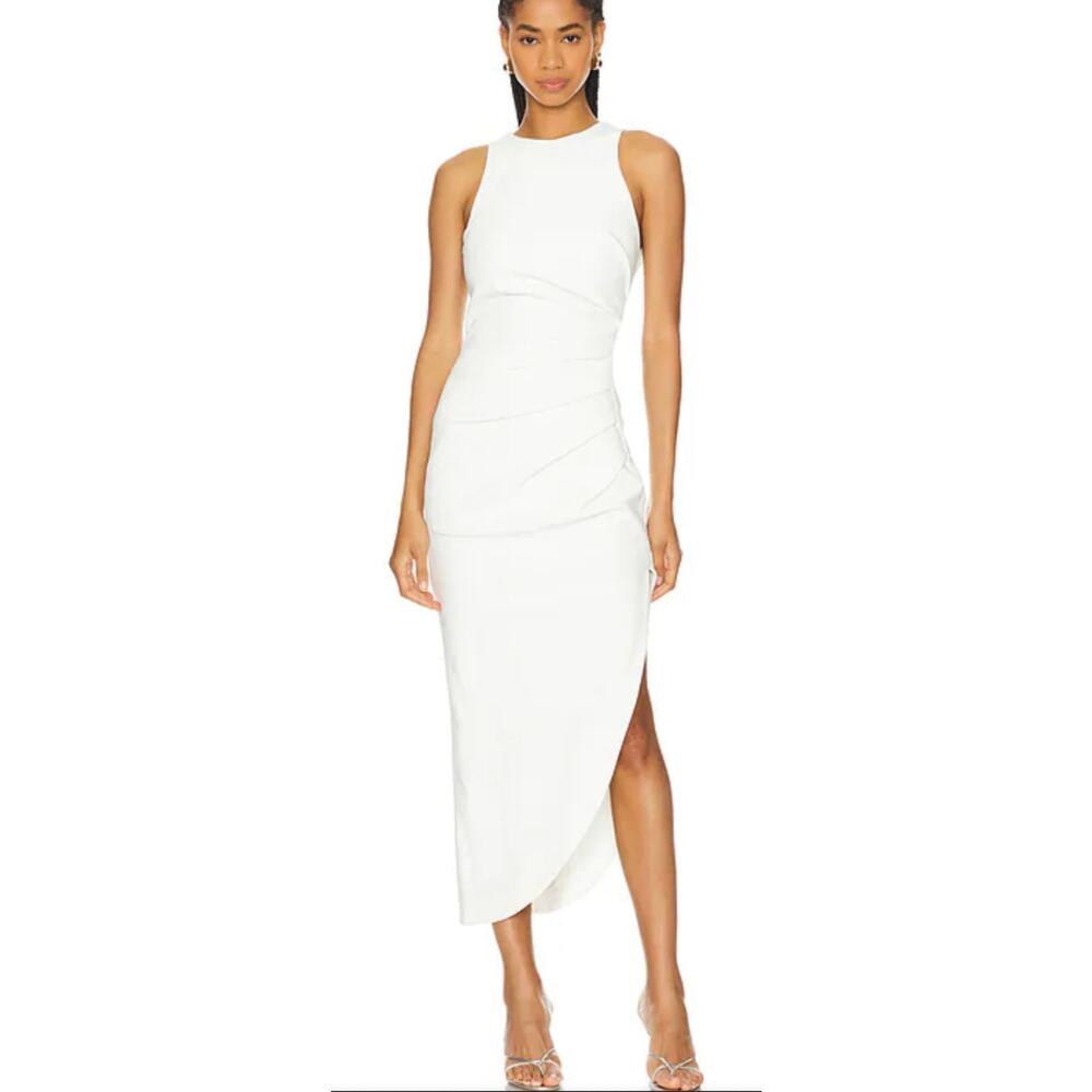 MISHA Ida Dress Womens L Ivory‎ Sleeveless Maxi Sheath Draped Ruched Formal